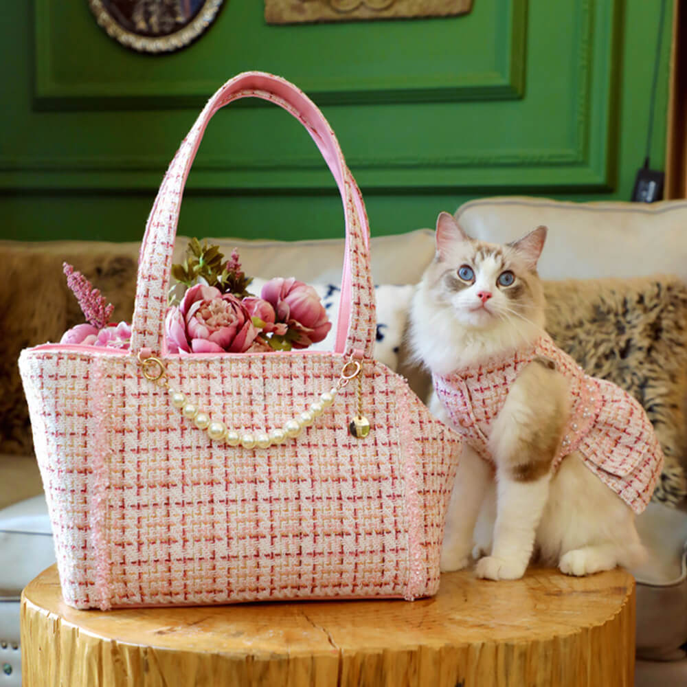 Sacca per trasporto per cani e gatti leggero a scacchi di lusso a scacchi di tweed