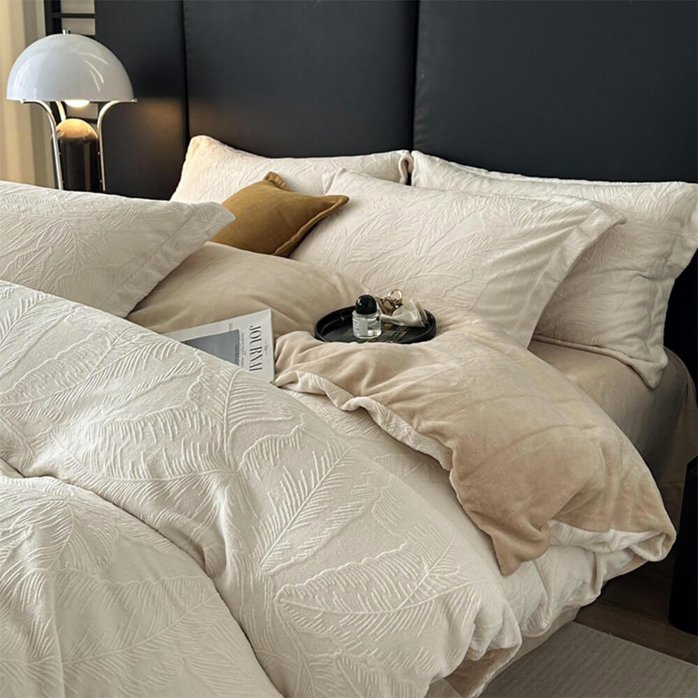 Ensemble de draps en velours de lait chaud gaufré à feuilles naturelles