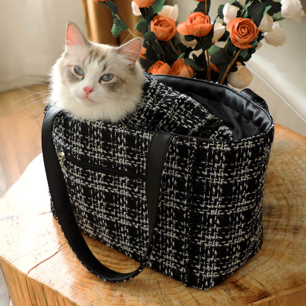 Sacca per trasporto per cani e gatti leggero a scacchi di lusso a scacchi di tweed