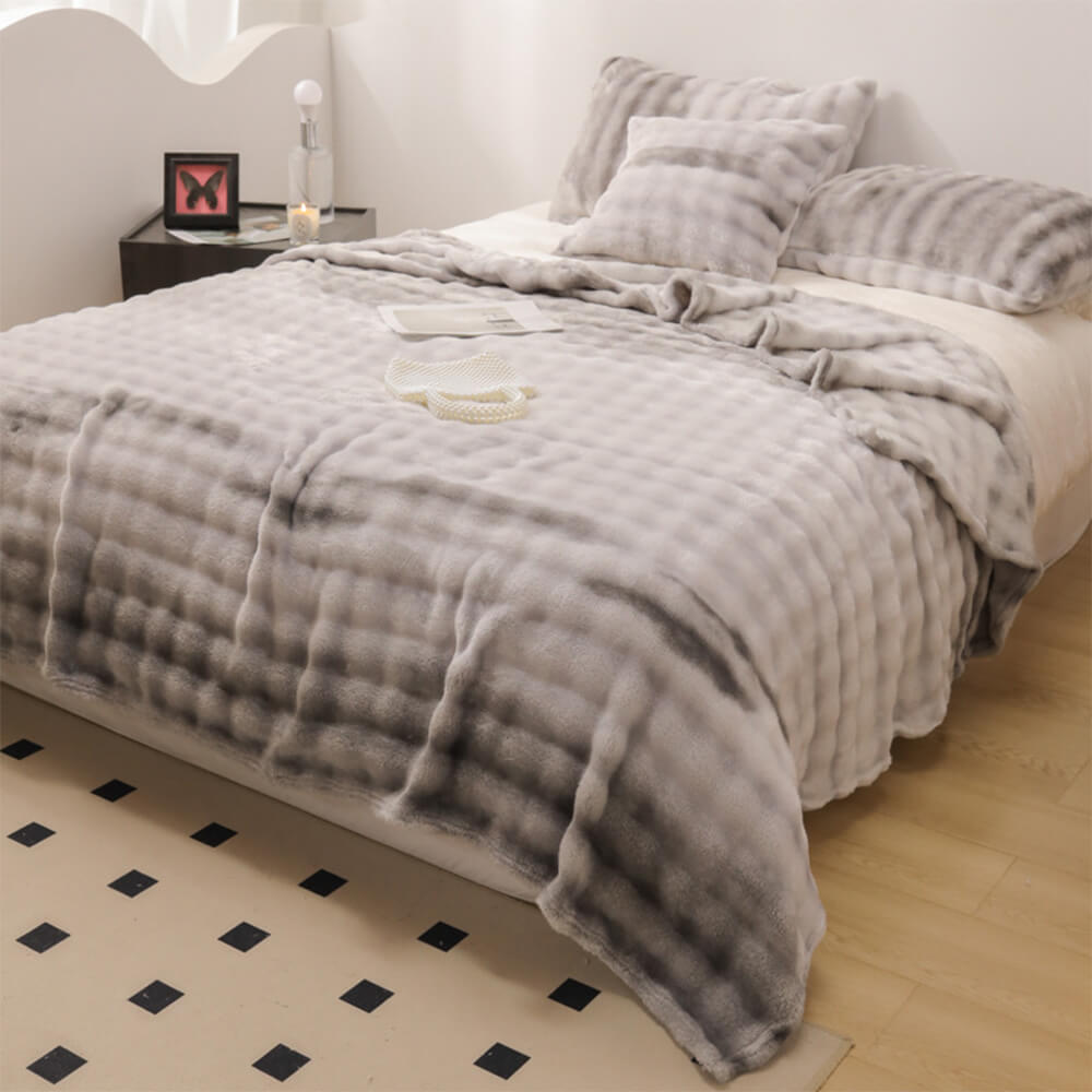 Drap plat de couverture douce en fausse fourrure de lapin dégradé de luxe