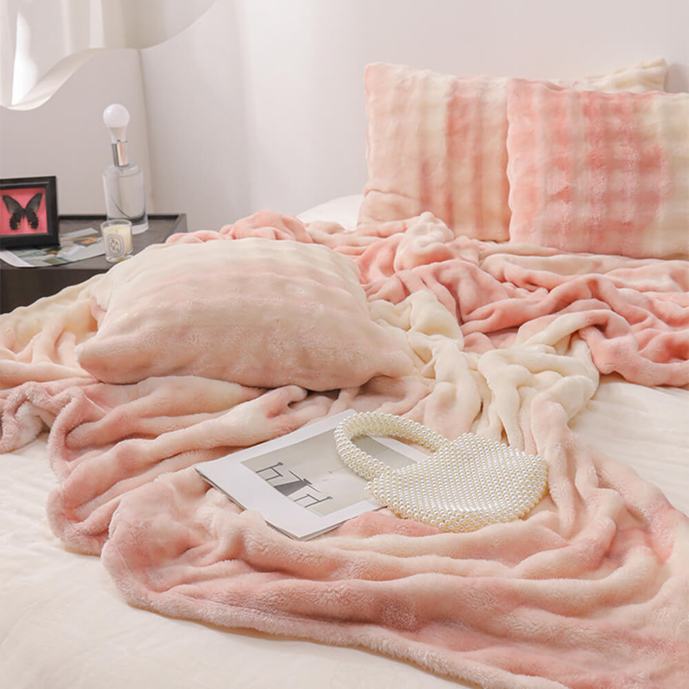Drap plat de couverture douce en fausse fourrure de lapin dégradé de luxe