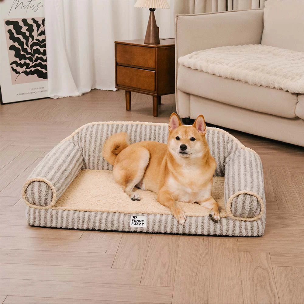 Fluffy Stripe Washable Orthopedic Dog & Cat Sofa Bed - Latte Nooki