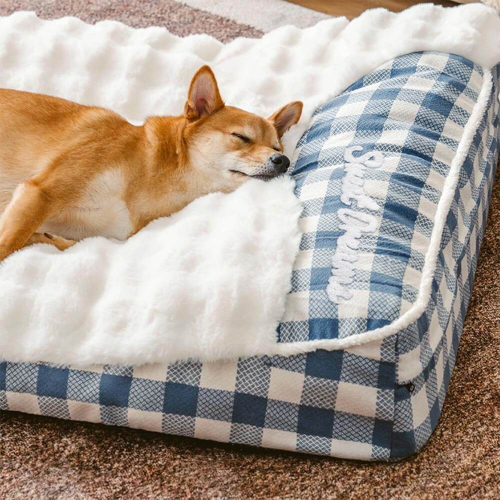 Grand lit orthopédique rectangulaire pour chien avec appui-tête classique à carreaux - Vague de rêve