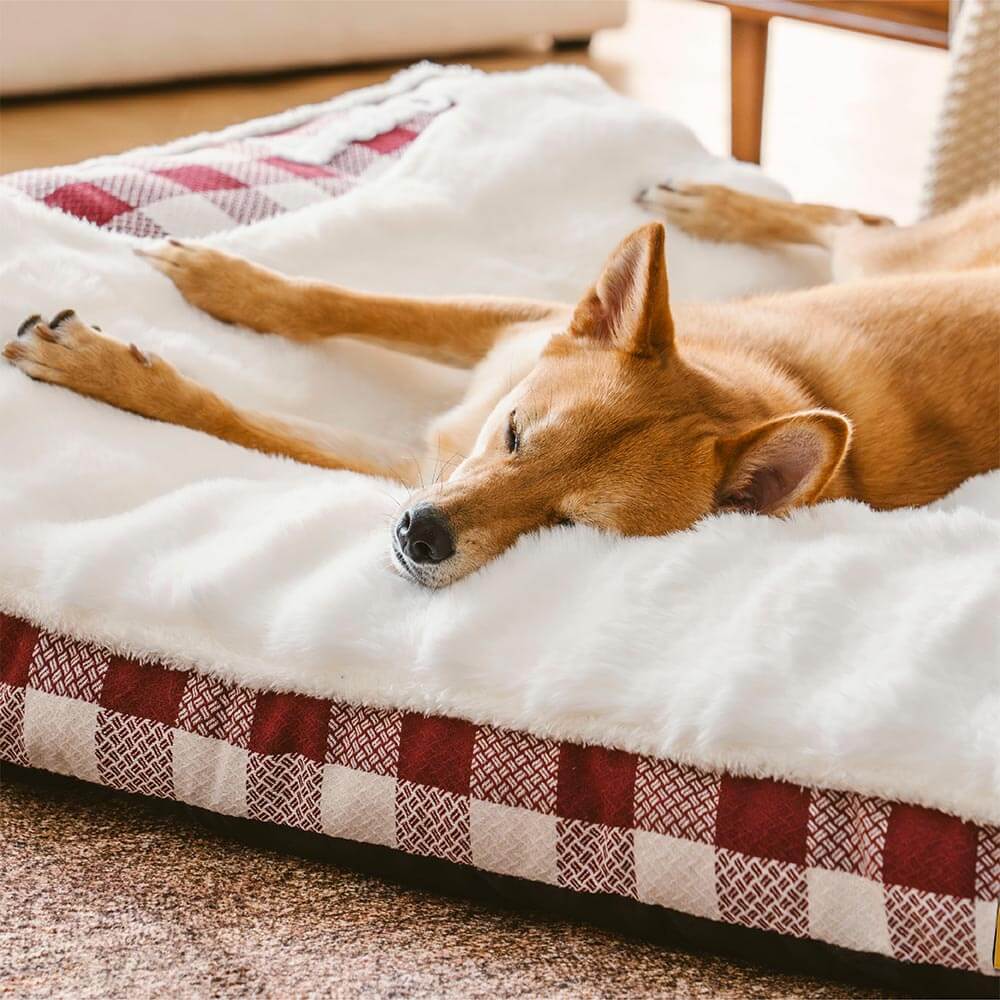 Grand lit orthopédique rectangulaire pour chien avec appui-tête classique à carreaux - Vague de rêve
