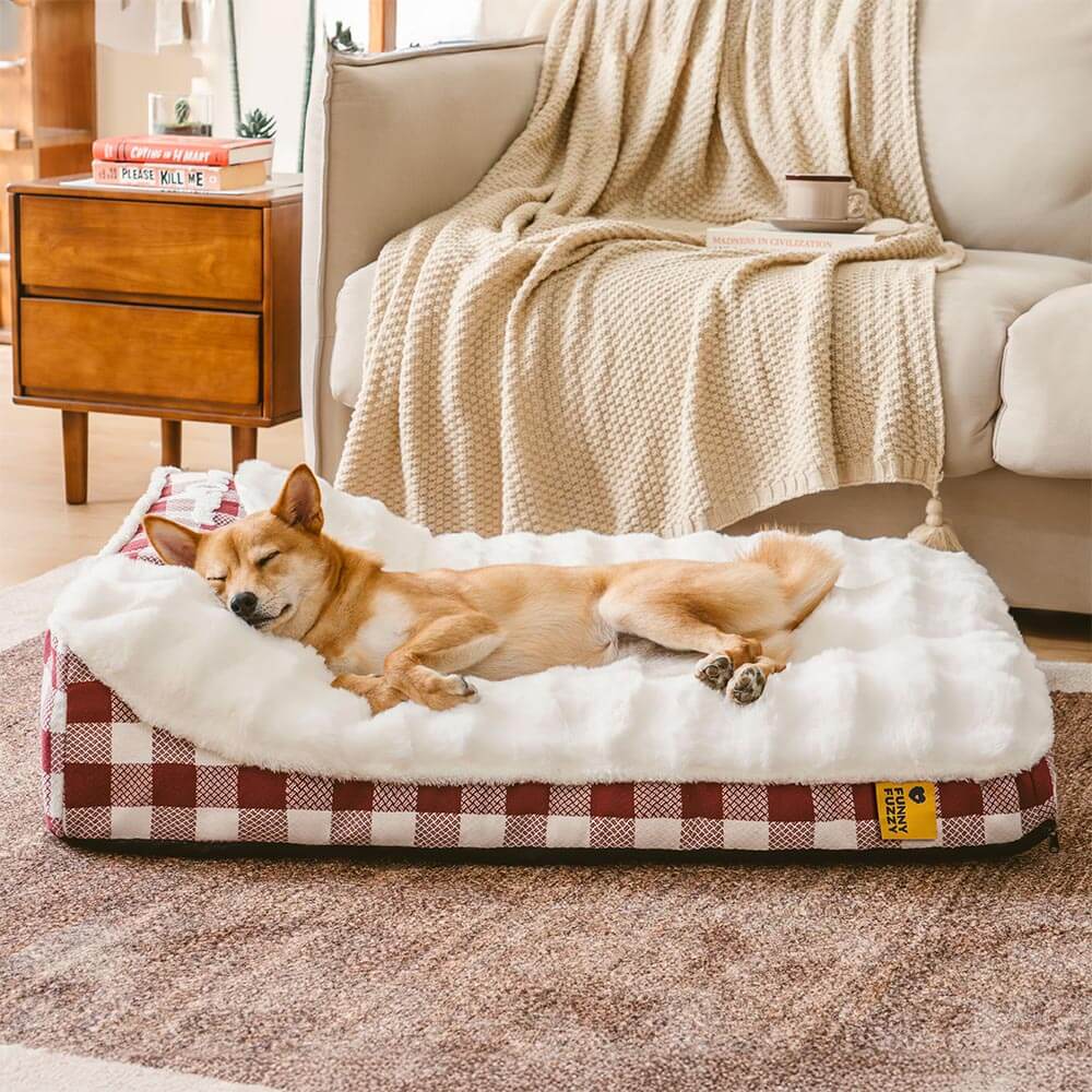 Grand lit orthopédique rectangulaire pour chien avec appui-tête classique à carreaux - Vague de rêve