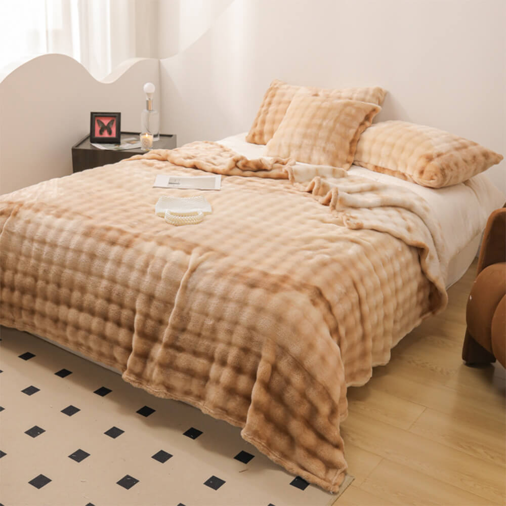 Drap plat de couverture douce en fausse fourrure de lapin dégradé de luxe
