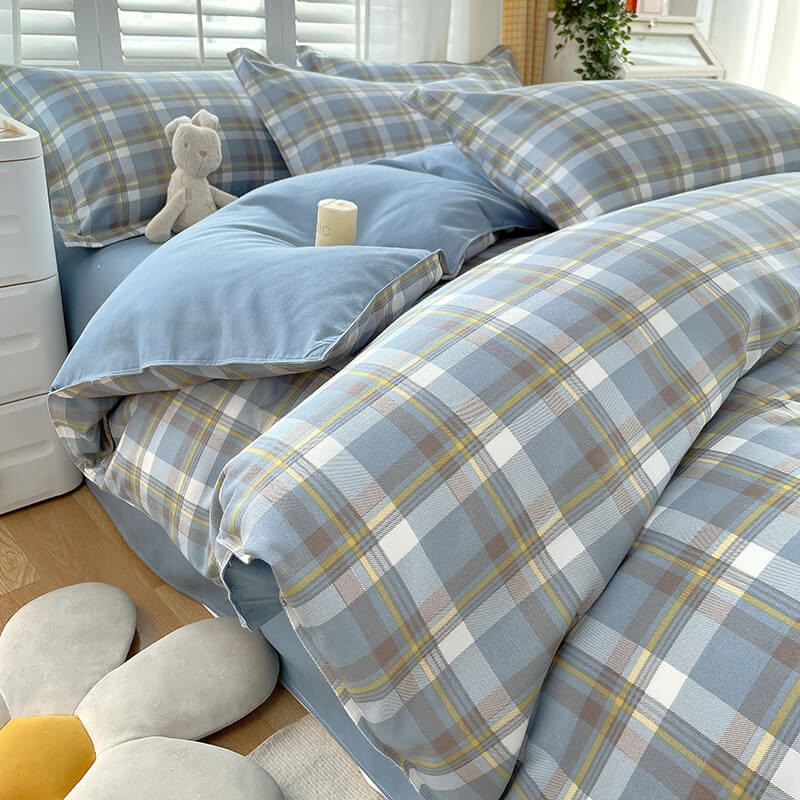 Klassisches, kariertes Farbblock-Set, stilvolles, atmungsaktives Bettlaken-Set