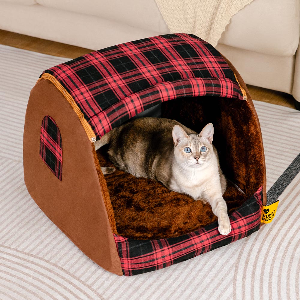 Classico Plaid House Orthopedic Cat Bed - Retreat Cabin