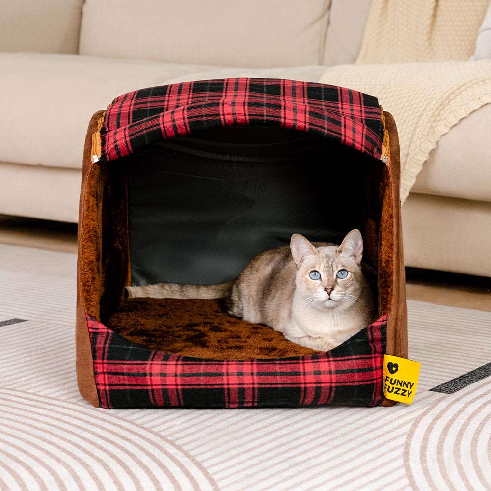 Classico Plaid House Orthopedic Cat Bed - Retreat Cabin