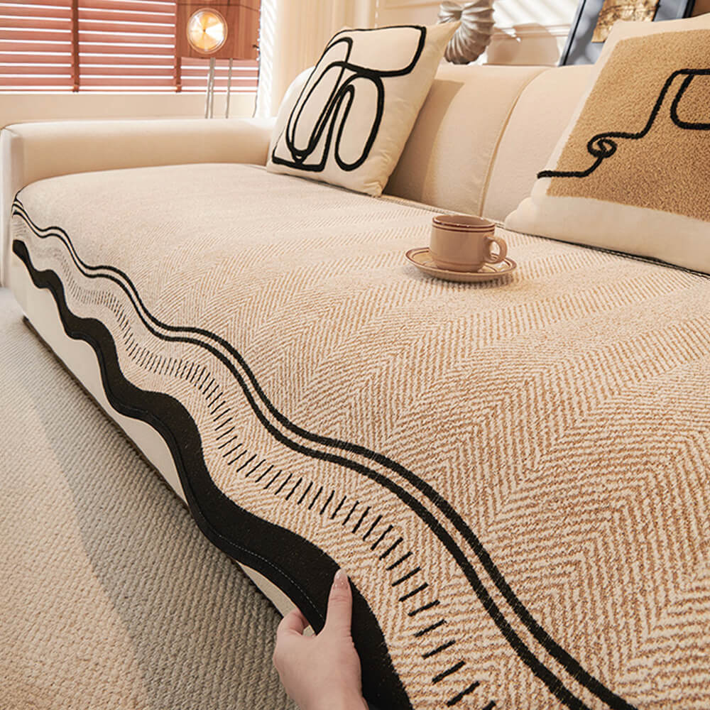 Coperchio di divano di Chenille a spina di aringhe senza slip con bordi ondulati