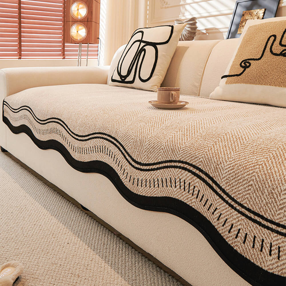 Coperchio di divano di Chenille a spina di aringhe senza slip con bordi ondulati