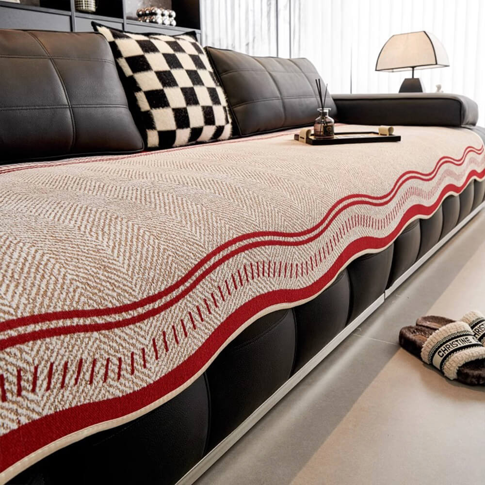 Coperchio di divano di Chenille a spina di aringhe senza slip con bordi ondulati