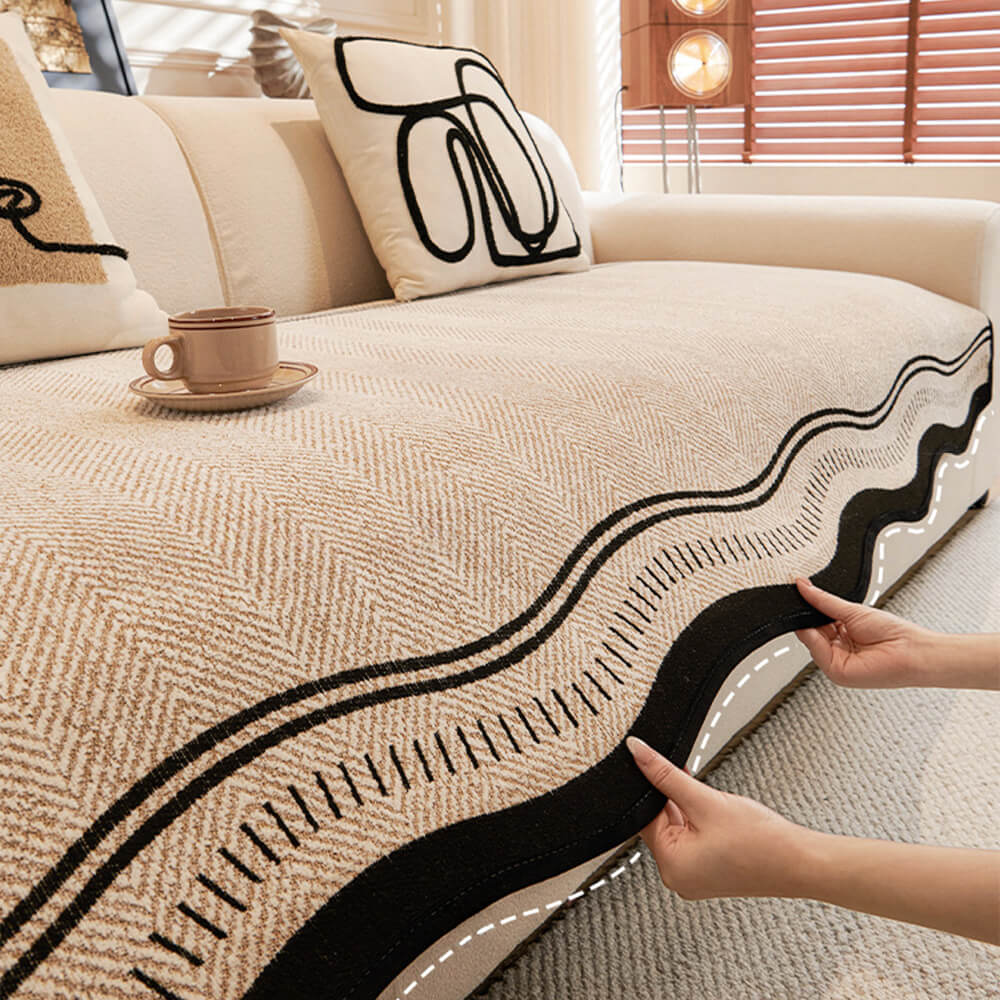 Coperchio di divano di Chenille a spina di aringhe senza slip con bordi ondulati