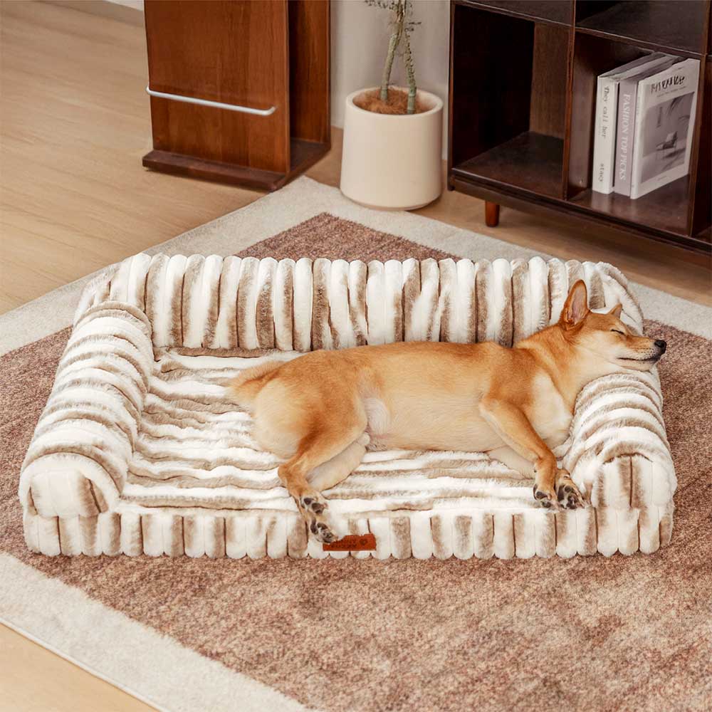 Lit pour chien avec traversin orthopédique à rayures moelleuses - Luxe Comfort