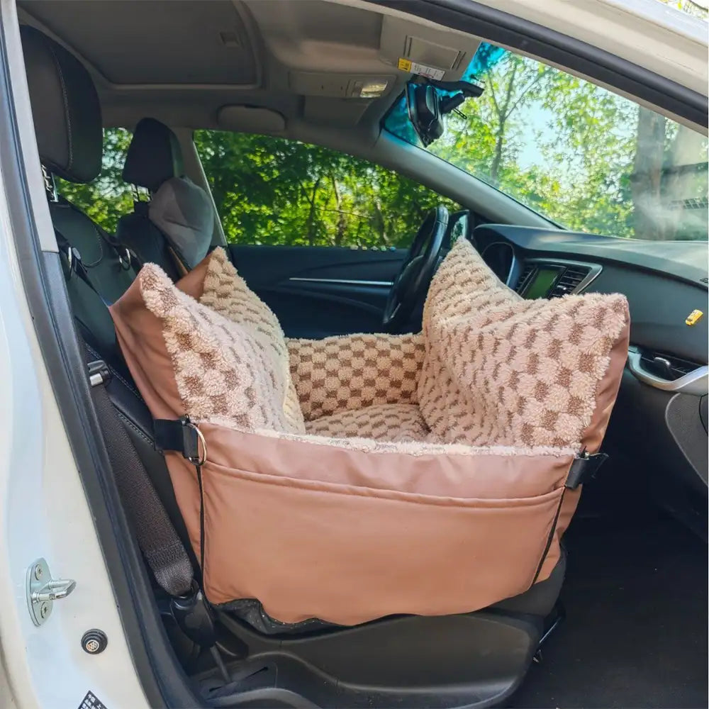 Checkerboard Faux Leather Safety Center Console Pet Car Seat and Carrier 2-in-1