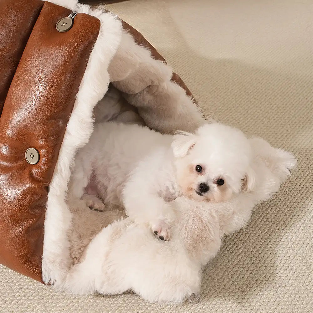 Faux Leather Vintage Multi-function Plush Dog Bed Convertible Dog Car Seat