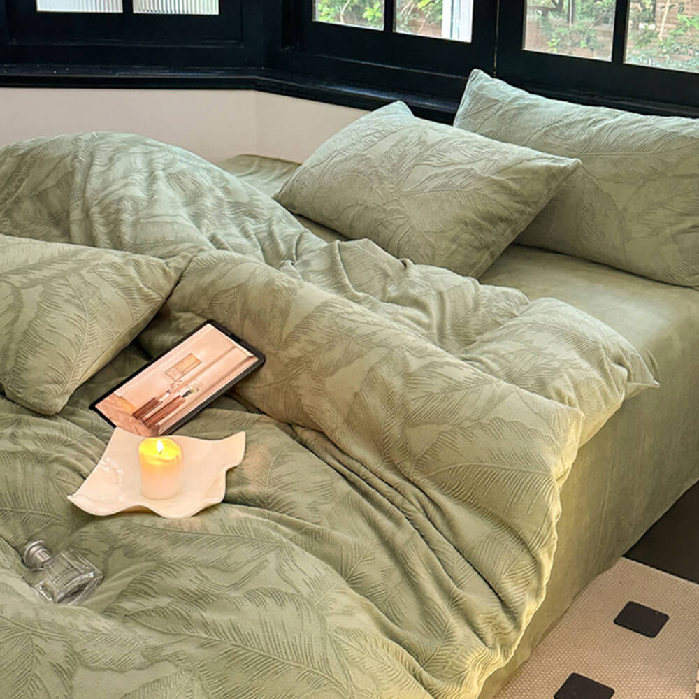 Ensemble de draps en velours de lait chaud gaufré à feuilles naturelles