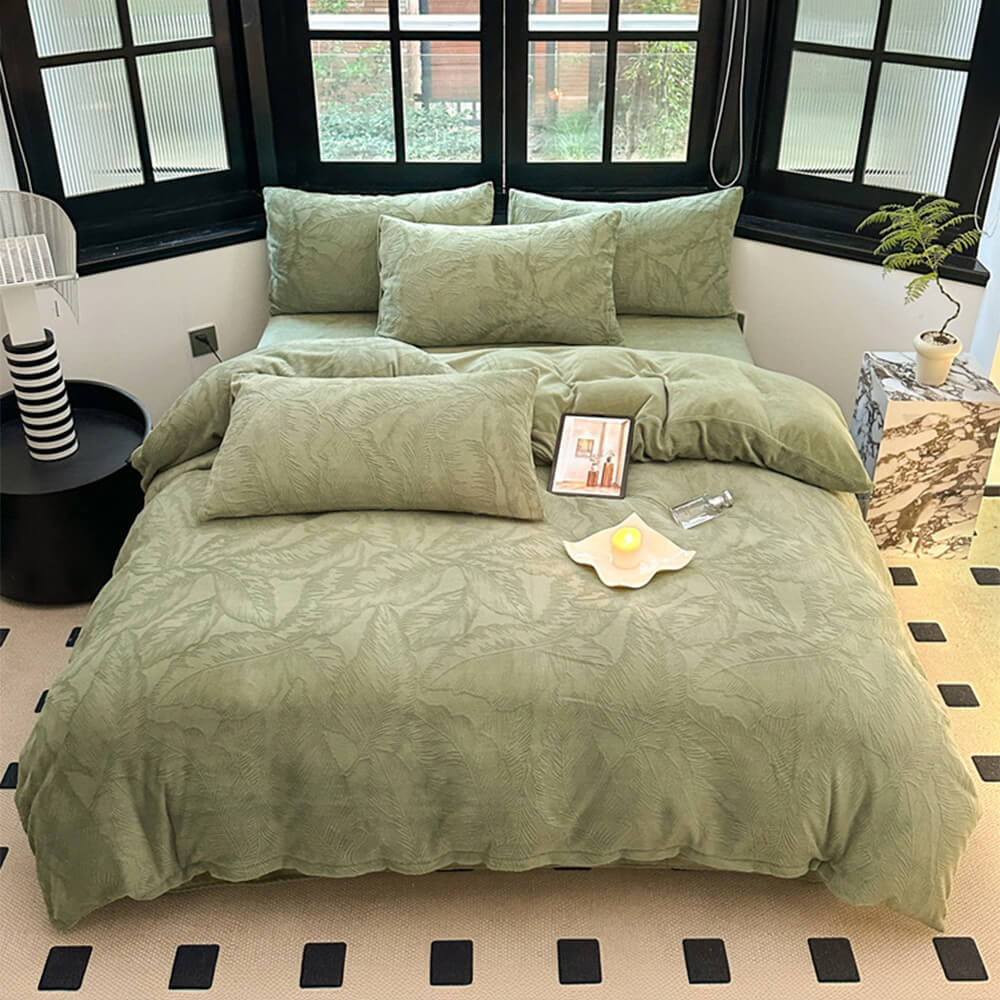 Ensemble de draps en velours de lait chaud gaufré à feuilles naturelles