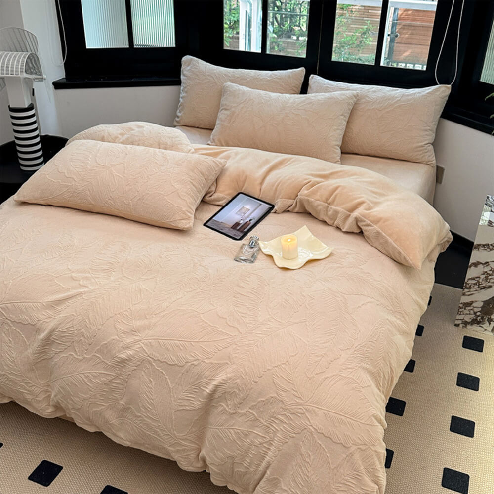 Ensemble de draps en velours de lait chaud gaufré à feuilles naturelles