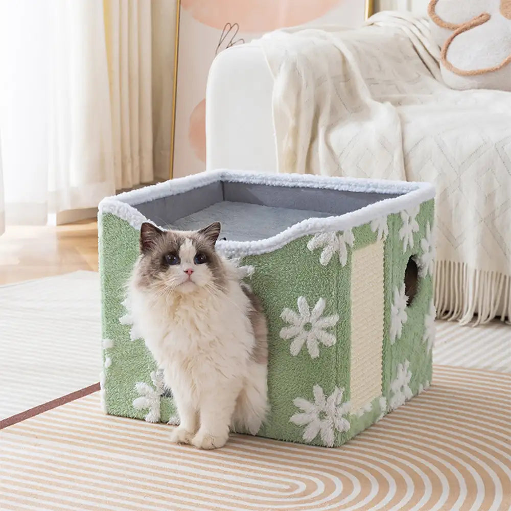 Soft Plush Foldable Dual-Level Cat House with Scratch Board