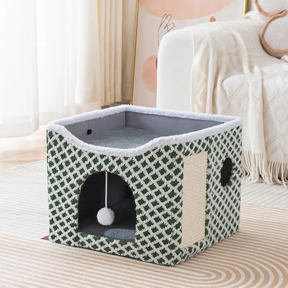 Soft Plush Foldable Dual-Level Cat House with Scratch Board