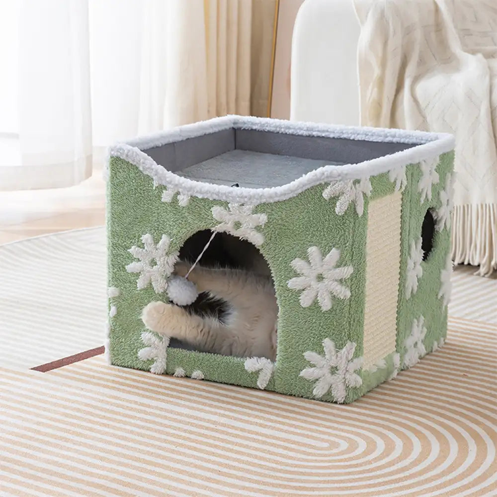 Soft Plush Foldable Dual-Level Cat House with Scratch Board