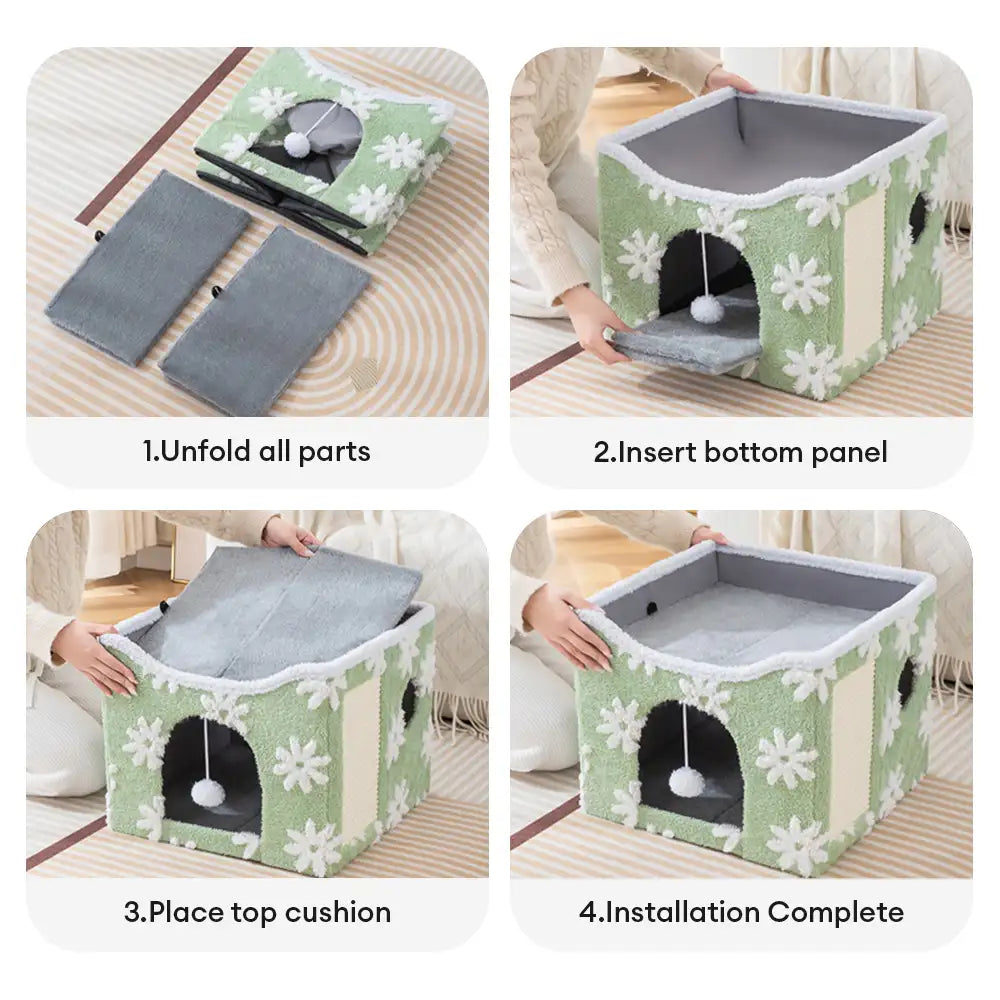 Soft Plush Foldable Dual-Level Cat House with Scratch Board