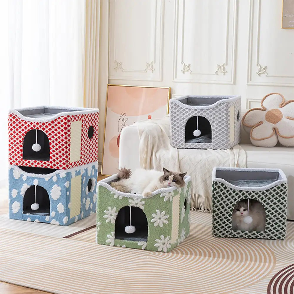Soft Plush Foldable Dual-Level Cat House with Scratch Board