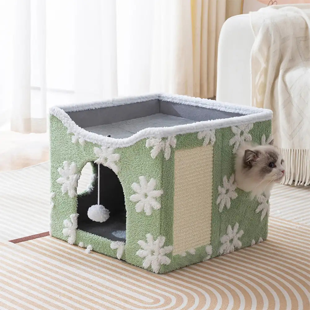 Soft Plush Foldable Dual-Level Cat House with Scratch Board