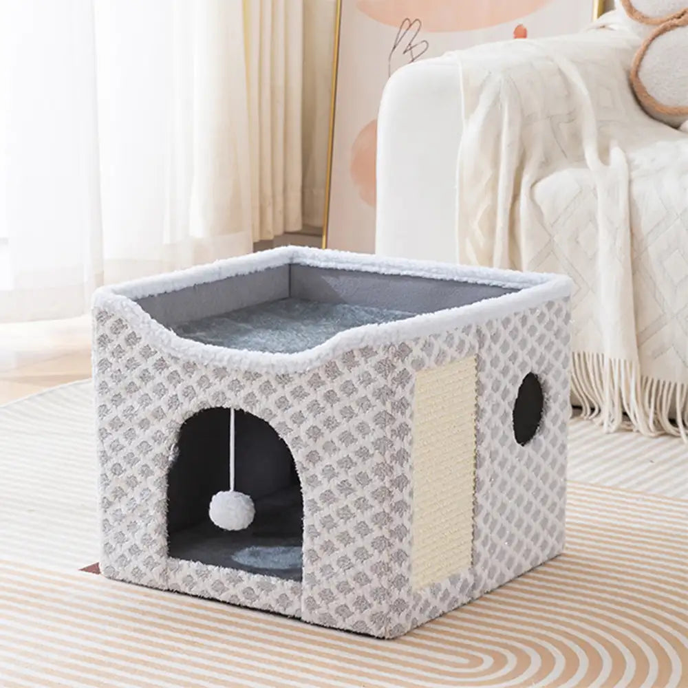 Soft Plush Foldable Dual-Level Cat House with Scratch Board