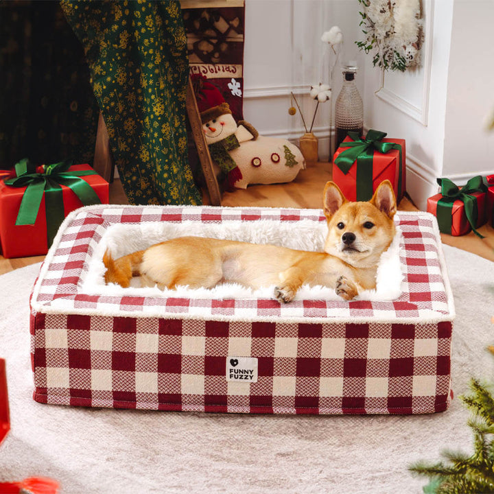 Cama festiva clásica de tartán acogedor perro anti-ansiedad calmante
