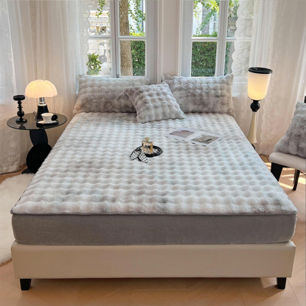 Drap-housse chaud en fausse fourrure de lapin, dégradé de crème, épais, bulle, housse de matelas