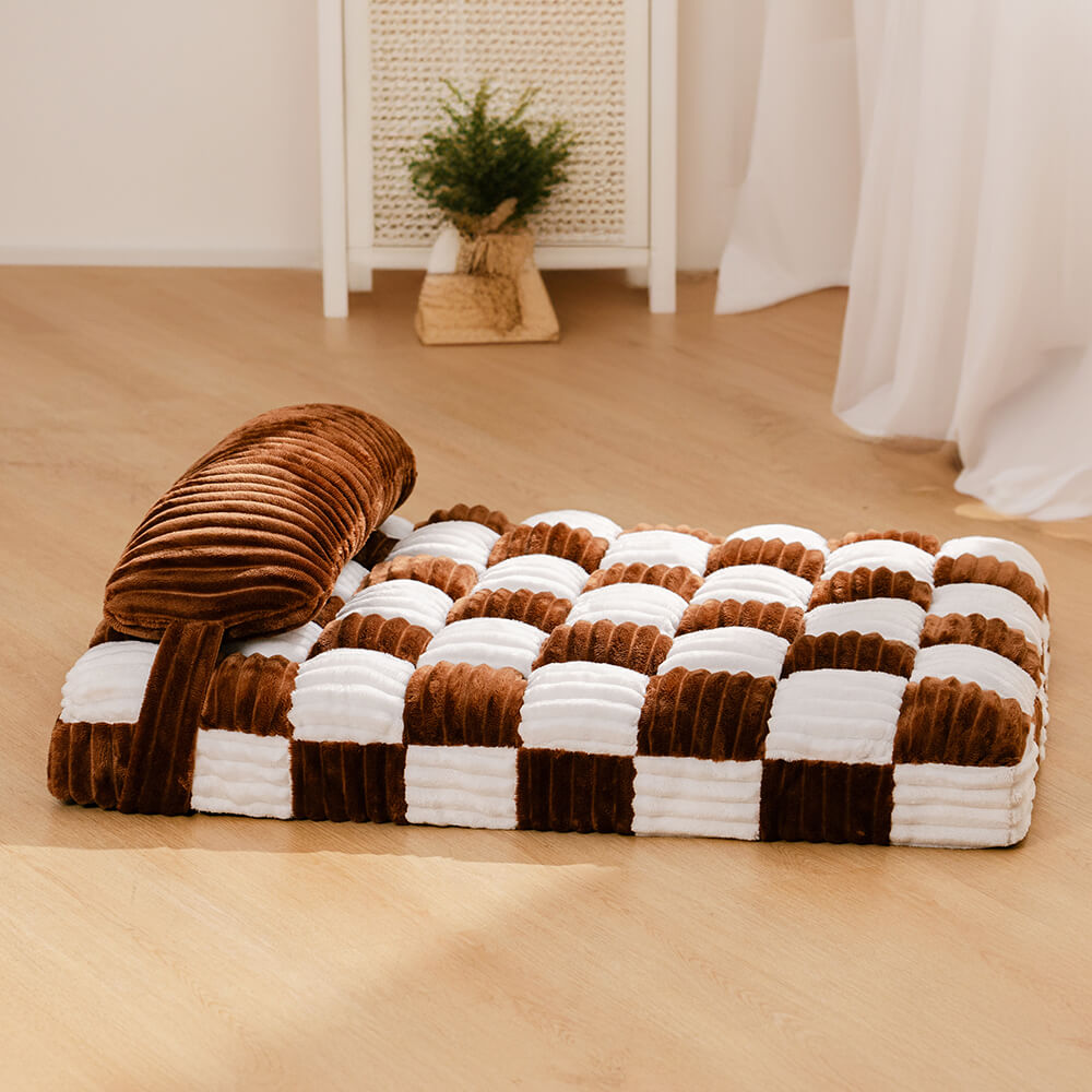 Lit pour chien de soutien orthopédique en échiquier en peluche fait à la main avec oreiller