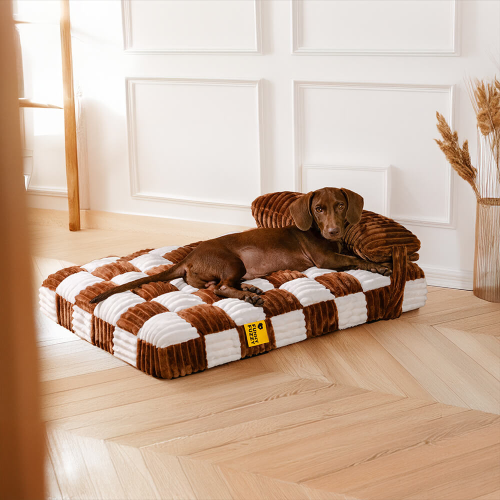 Lit pour chien de soutien orthopédique en échiquier en peluche fait à la main avec oreiller
