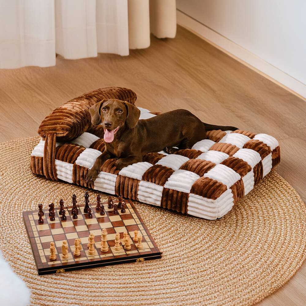 Lit pour chien de soutien orthopédique en échiquier en peluche fait à la main avec oreiller
