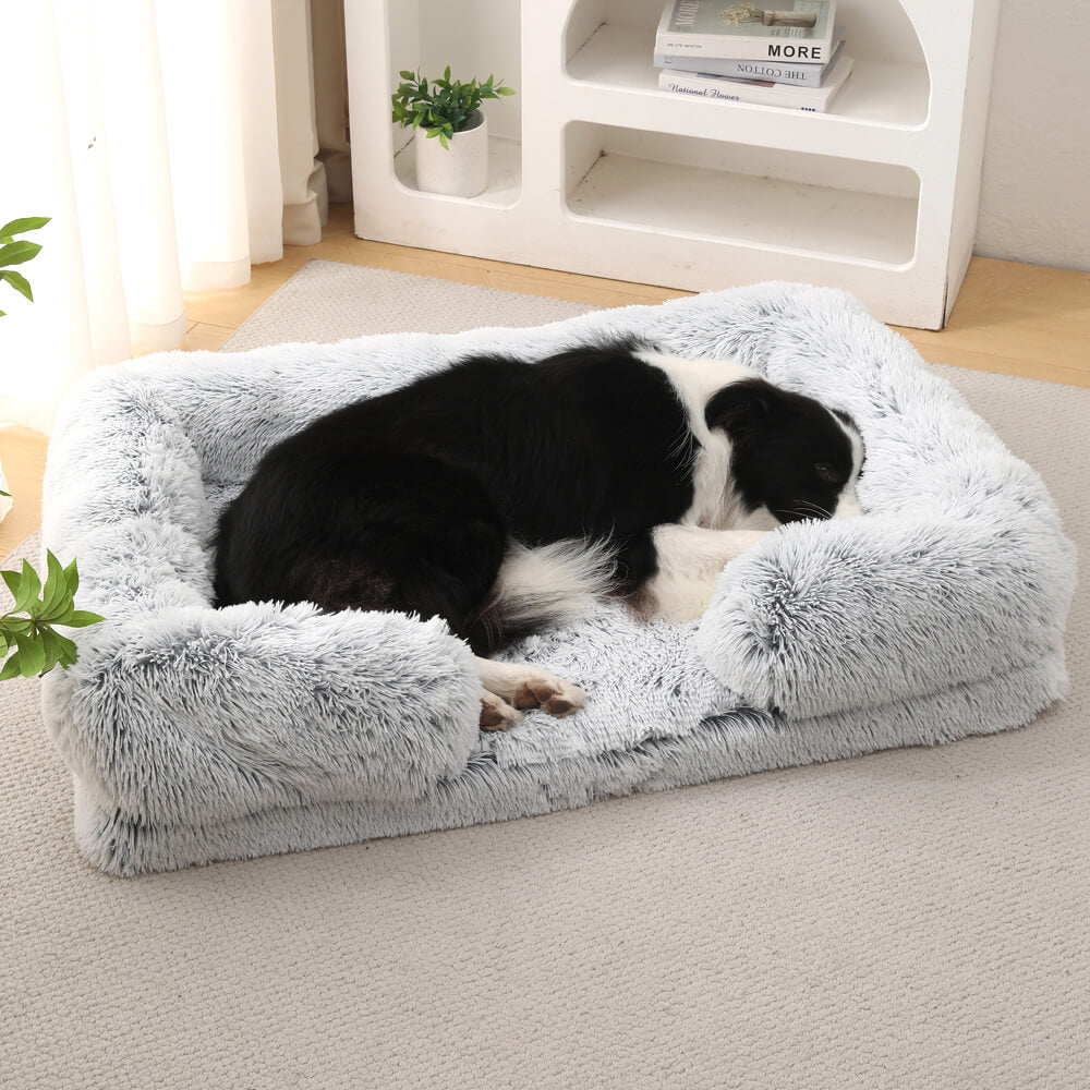 Langes Plüschbett – quadratisches, umlaufendes Hundebett für tiefen Schlaf