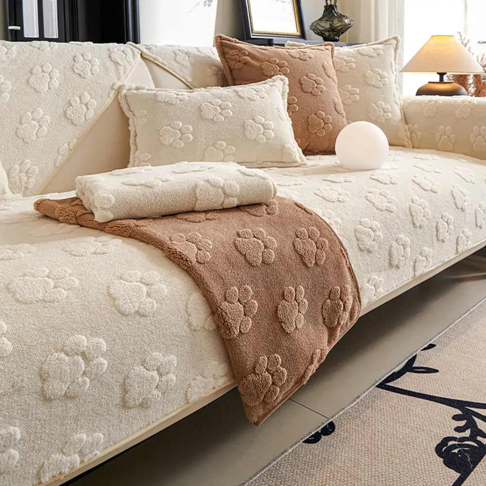 Paw Print Cute Plush Thick Sofa Decoration Non-slip Couch Cover
