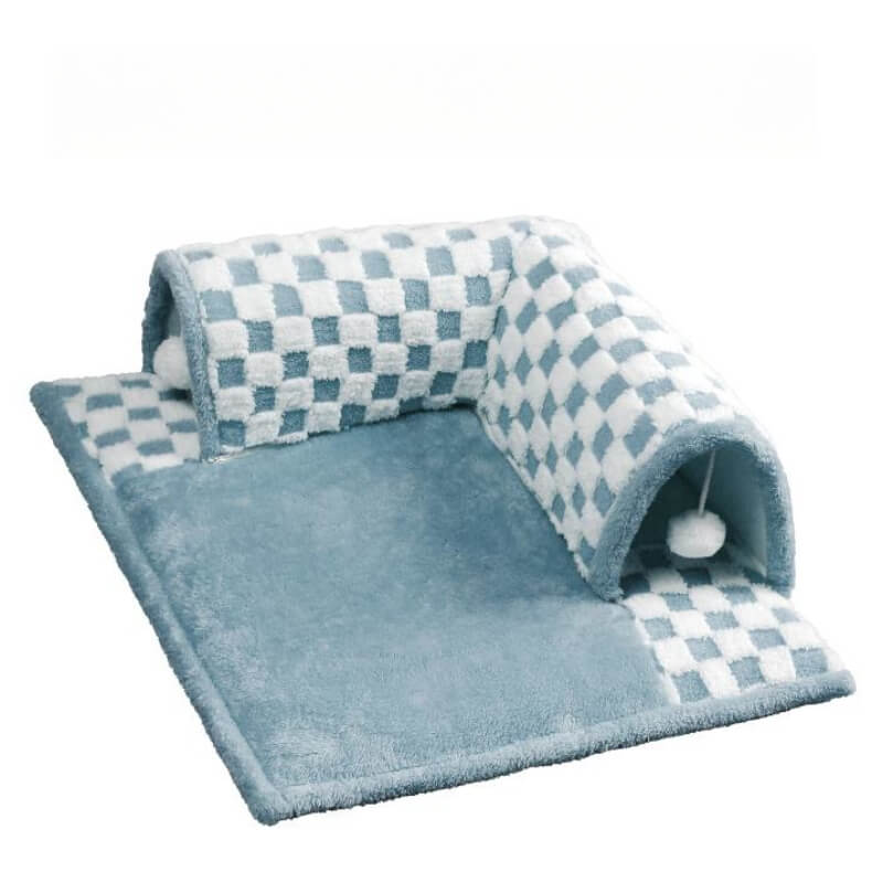 Cama de túnel de gato a cuadros a cuadros de pelaje de pelaje de plush graciosos 2-en-1