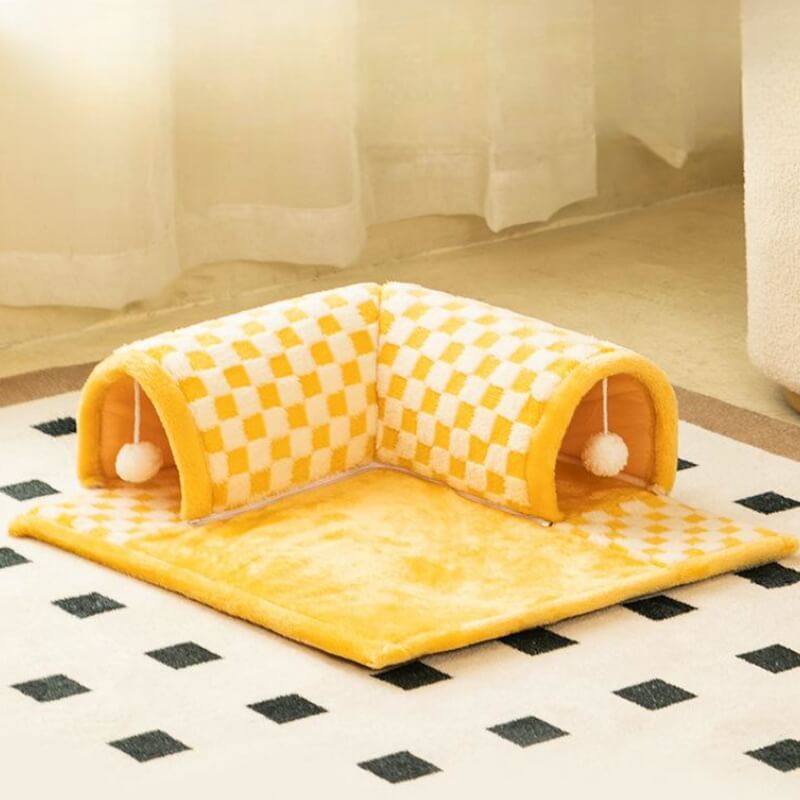 Cama de túnel de gato a cuadros a cuadros de pelaje de pelaje de plush graciosos 2-en-1
