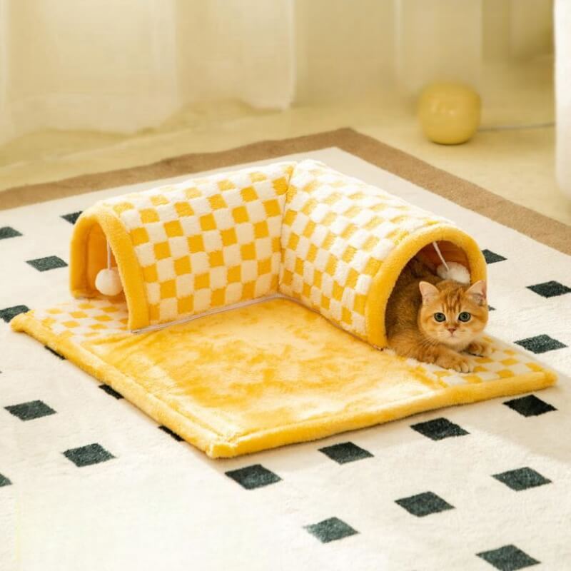 Cama de túnel de gato a cuadros a cuadros de pelaje de pelaje de plush graciosos 2-en-1