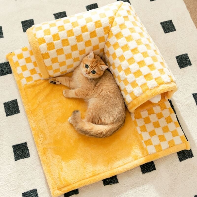 Cama de túnel de gato a cuadros a cuadros de pelaje de pelaje de plush graciosos 2-en-1