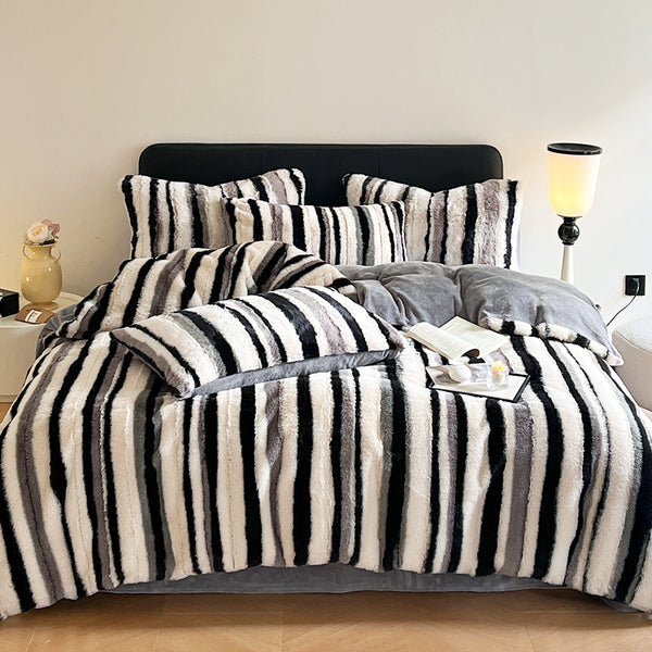 Juego de cama antiestático de piel de conejo de rabia de rayas de rayas ombre irregular a rayas