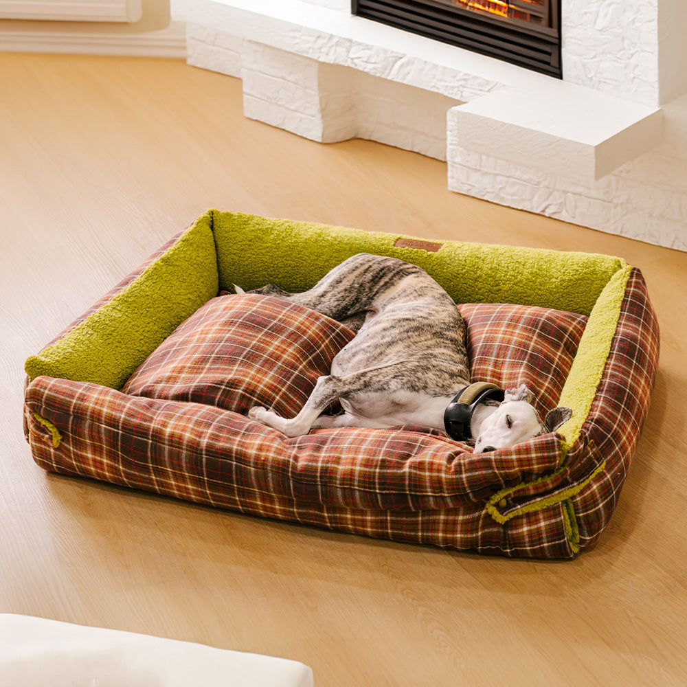 Cama plegable para perros con manta y diseño vintage de tartán lavable - Avocuddle