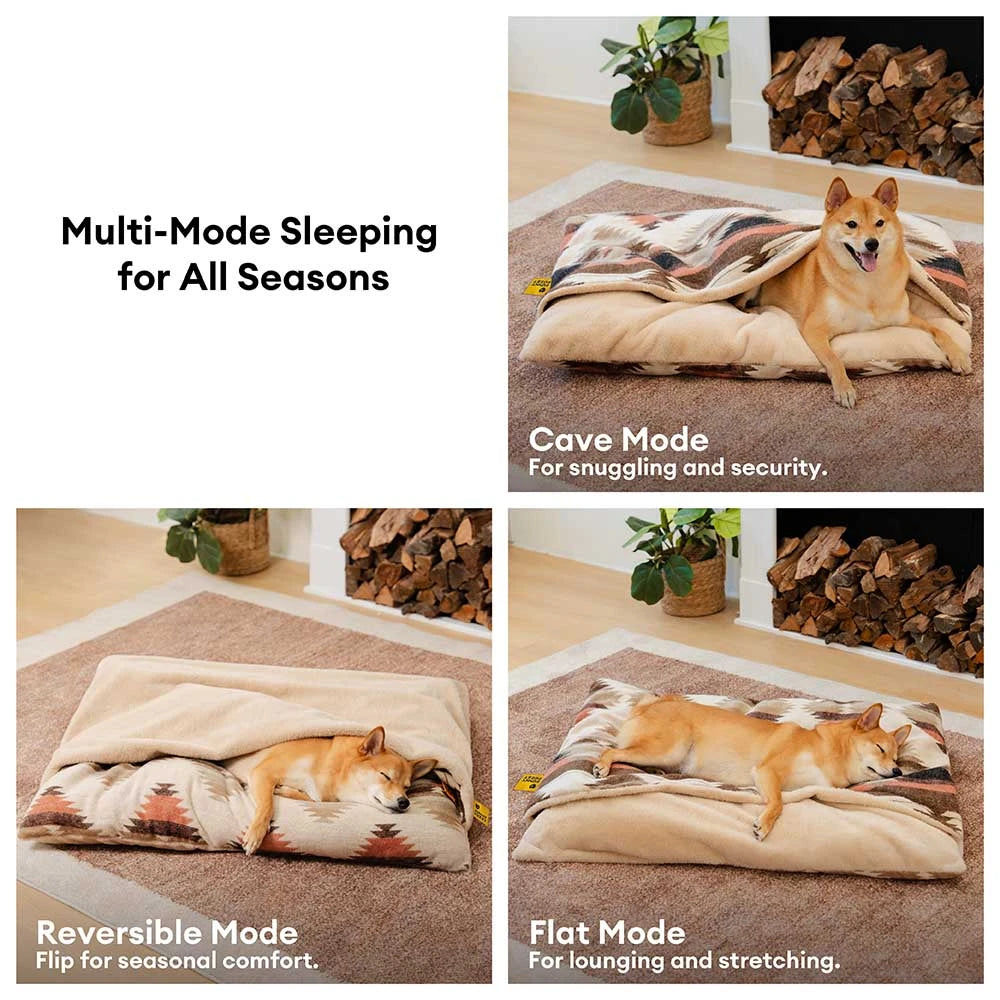 All-Season Reversible Boho Cave Covered Calming Dog Bed - HugSack