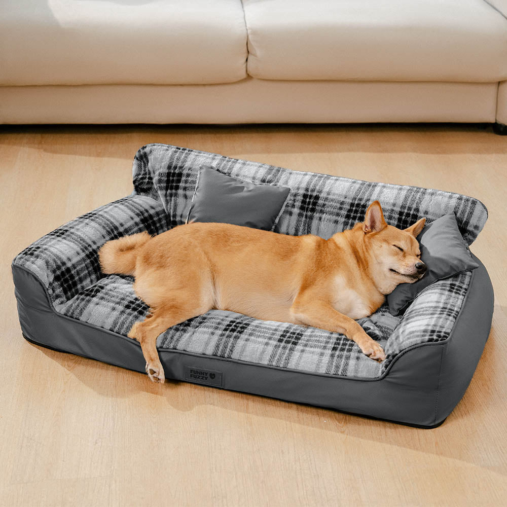 Vintage Plaid Plush Orthopedic Dog Sofa Bed with Pillows - CozyLuxe