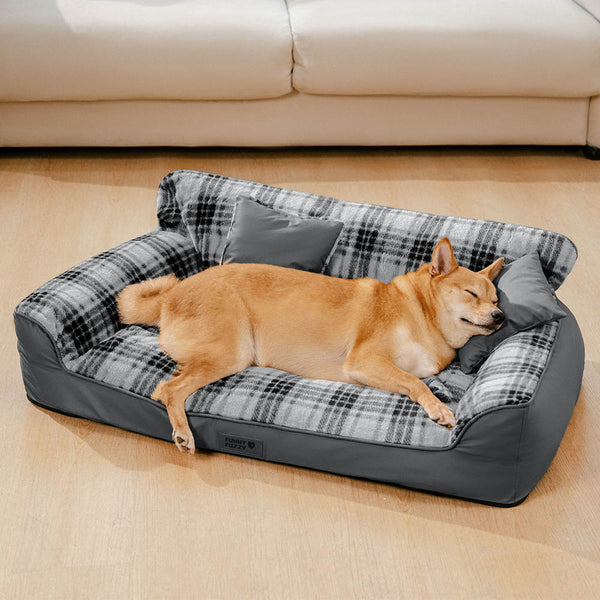 Vintage Plaid Plush Orthopedic Dog Sofa Bed with Pillows - CozyLuxe