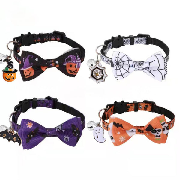 Cuello de mascotas de Halloween con arco de cinta y campana