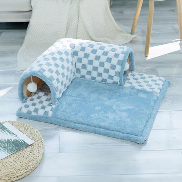 Cama de túnel de gato a cuadros a cuadros de pelaje de pelaje de plush graciosos 2-en-1