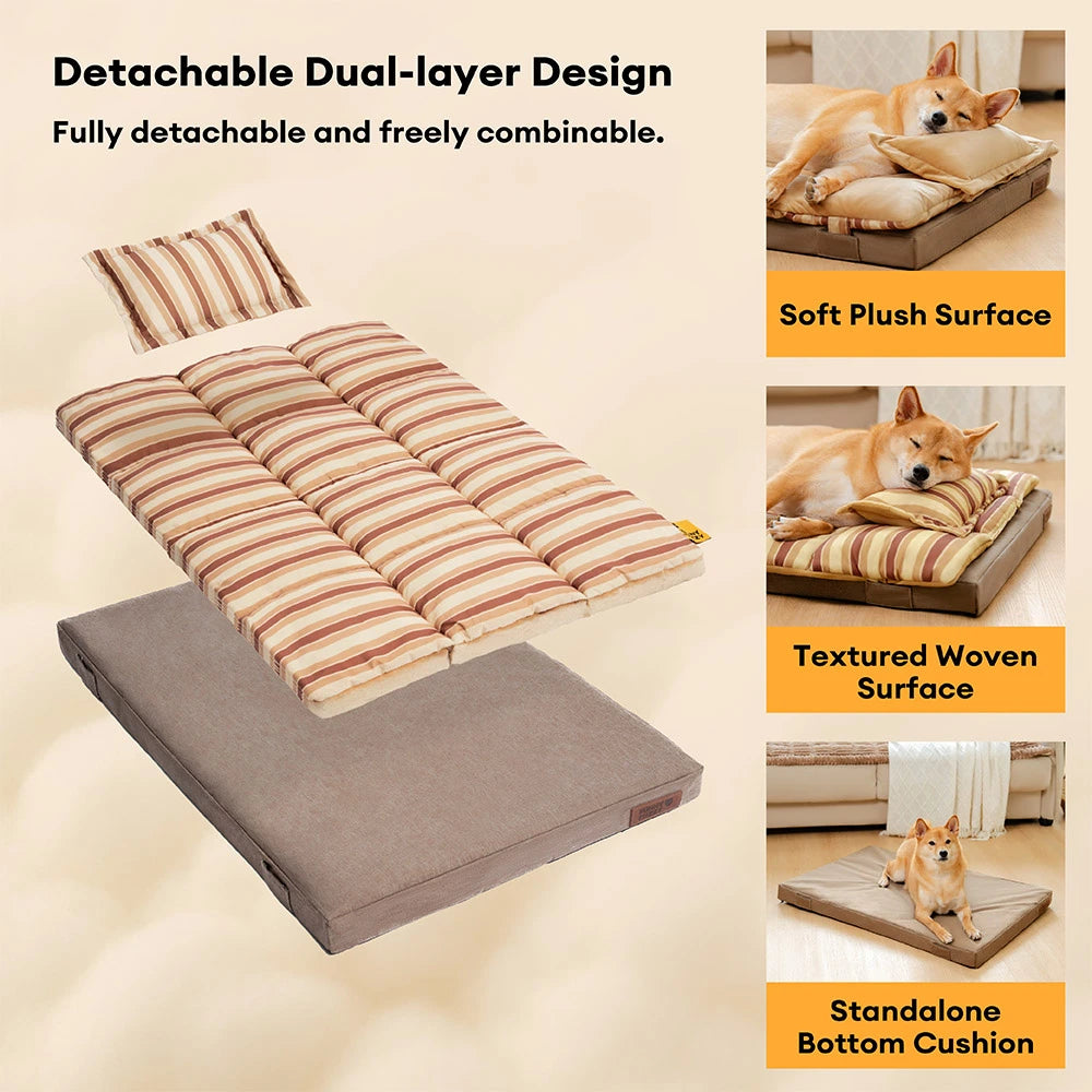Trendy Striped Detachable Dual-layer Orthopedic Dog Bed With Pillow - CloudNap