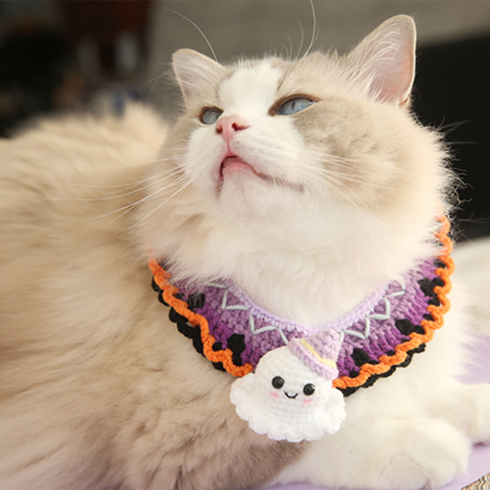 Disfraz de mascota de Halloween, collar de calabaza tejido hecho a mano y sombrero de bruja